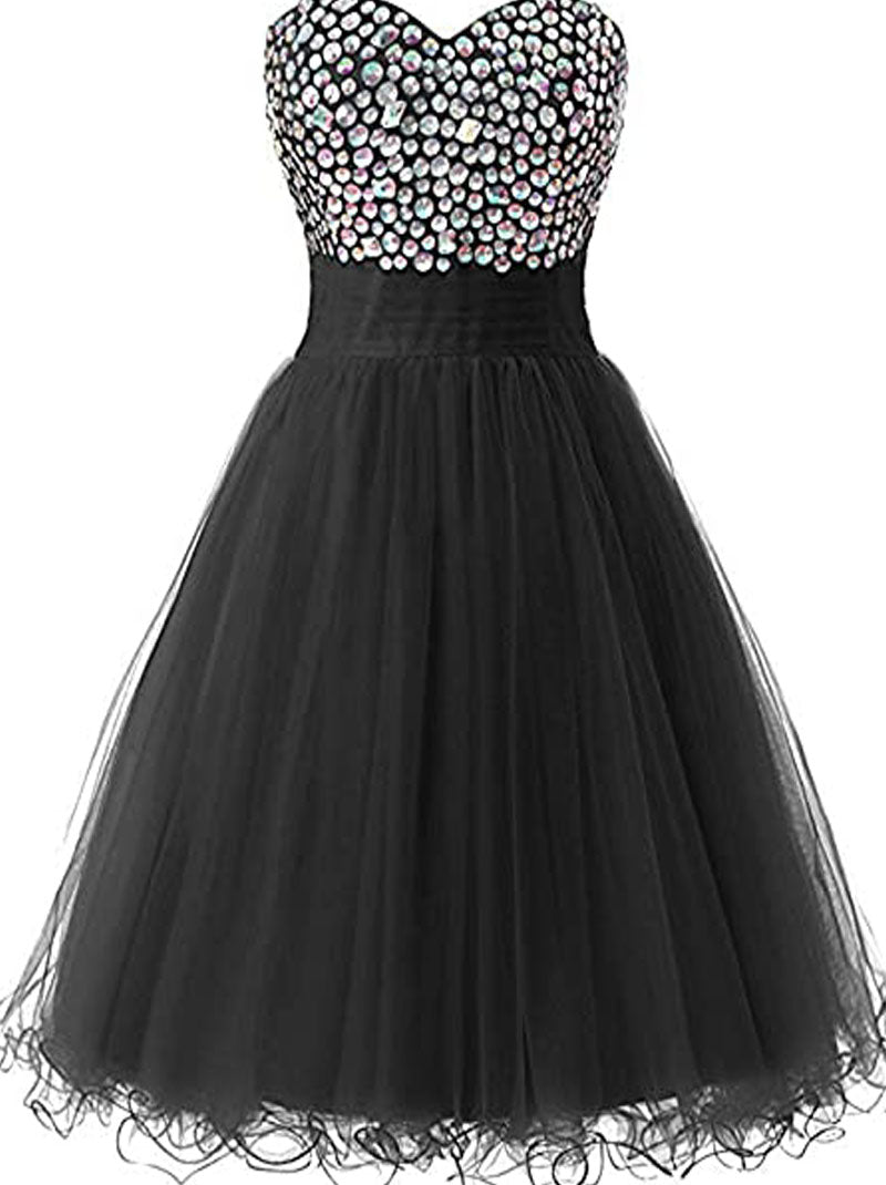 Lovely Mini A-Line Sweetheart Crystal Beaded Lace up Tulle Homecoming Graduation Dresses Cocktail Party Dress Prom Dress