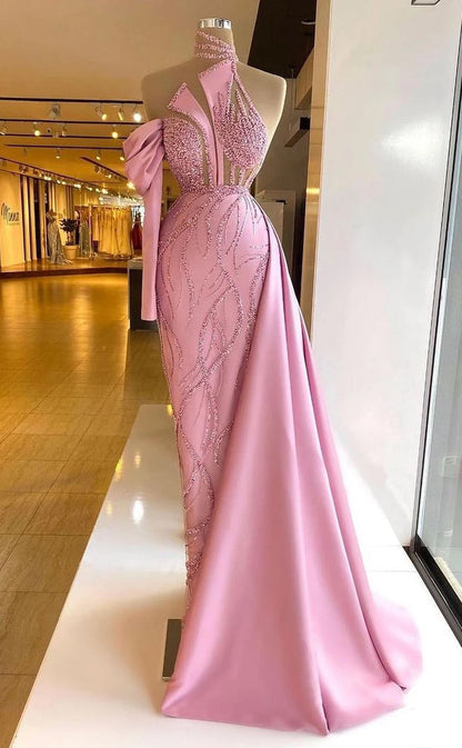 RP640-Sparkling Pink Mermaid High Neck Beads Sequins Long Sleeves Long Prom Evening Dresses Formal Party Gowns