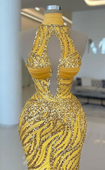 RP652-Sparkling Yellow Mermaid High Neck Sequins Beaded Sleeveless Floor Length Prom Evening Dresses Formal Party Gowns