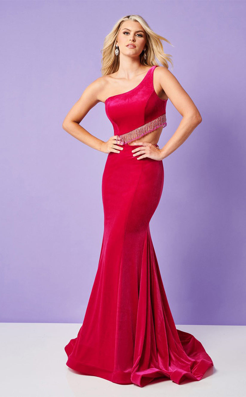 RP013-Elegant Mermaid One Shoulder Tassels Cutout Zipper Velvet Long Prom Evening Dresses Formal Party Gowns