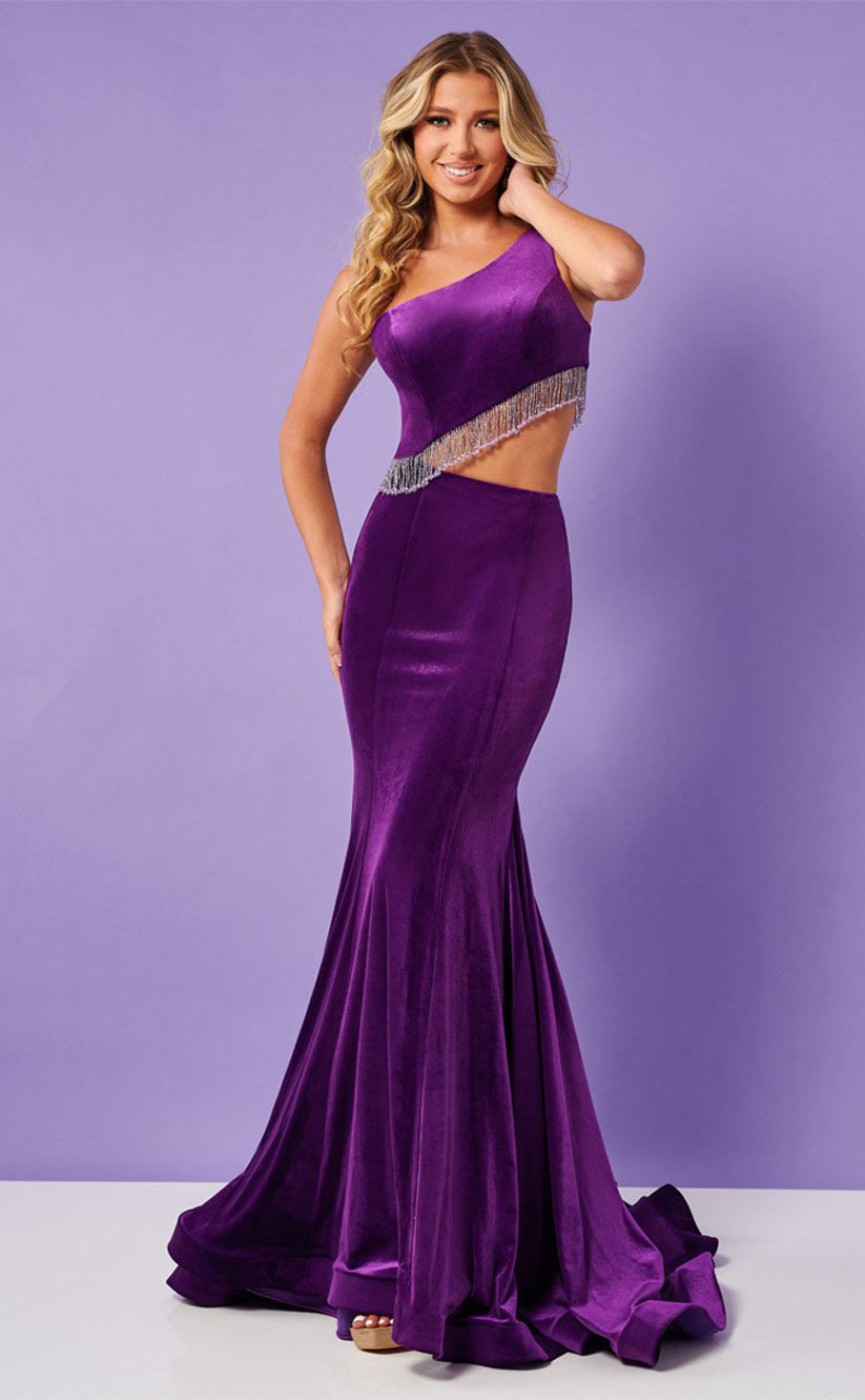 RP013-Elegant Mermaid One Shoulder Tassels Cutout Zipper Velvet Long Prom Evening Dresses Formal Party Gowns
