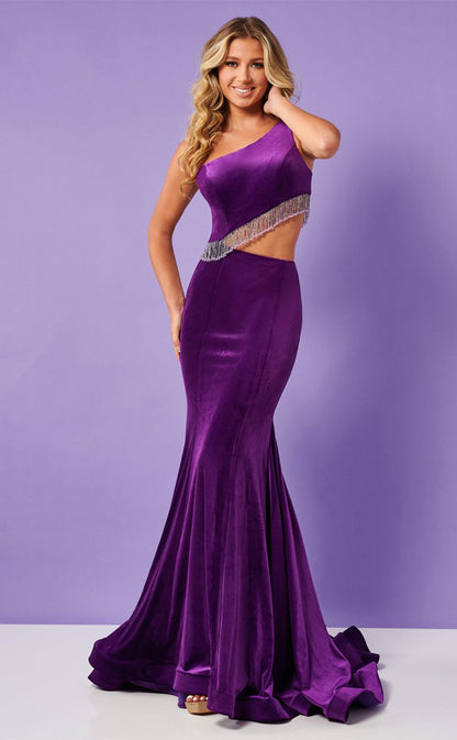 RP013-Elegant Mermaid One Shoulder Tassels Cutout Zipper Velvet Long Prom Evening Dresses Formal Party Gowns