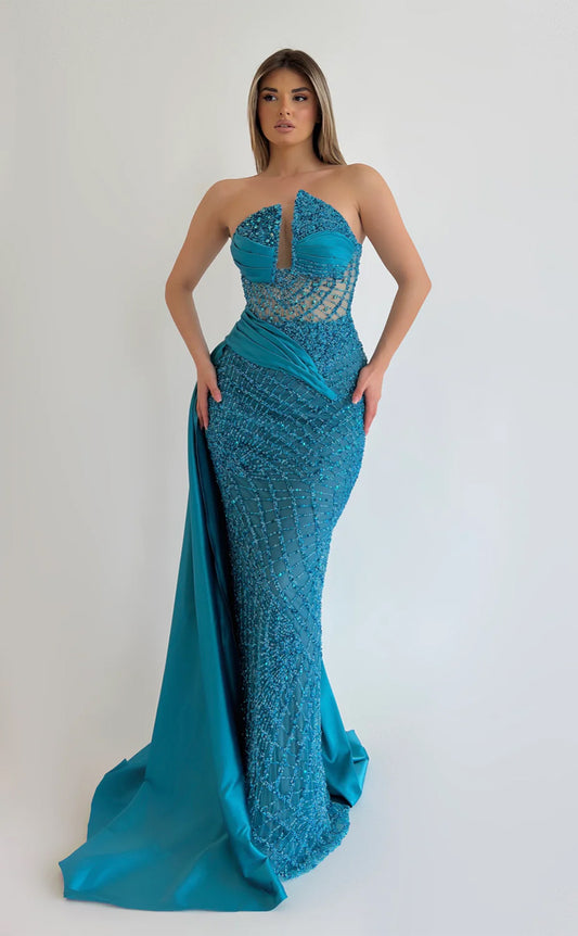 RP653-Sparkling Peacock Blue Mermaid Strapless Beads Sleeveless Sequins Long Prom Evening Dresses Formal Party Gowns With Slit