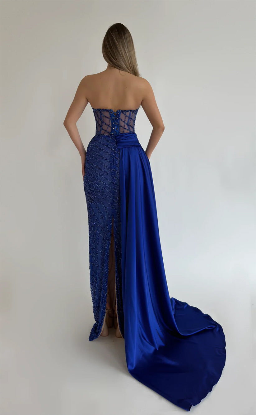 RP653-Sparkling Peacock Blue Mermaid Strapless Beads Sleeveless Sequins Long Prom Evening Dresses Formal Party Gowns With Slit