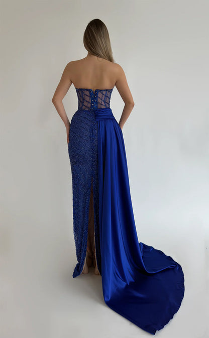 RP653-Sparkling Peacock Blue Mermaid Strapless Beads Sleeveless Sequins Long Prom Evening Dresses Formal Party Gowns With Slit