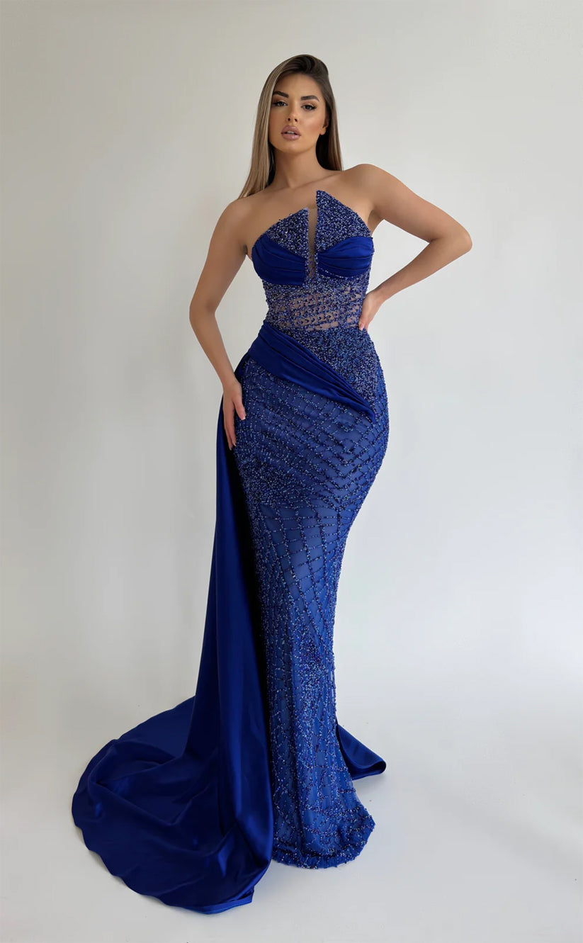 RP653-Sparkling Peacock Blue Mermaid Strapless Beads Sleeveless Sequins Long Prom Evening Dresses Formal Party Gowns With Slit