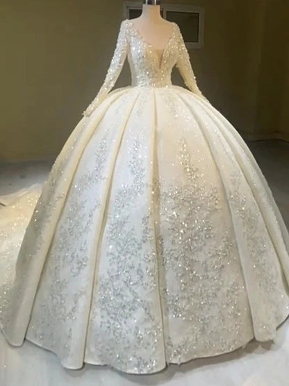 Romantic Ball Gown Wedding Dresses V-Neck Beads Appliqued Long Sleeves Lace Up Sweep Train Tulle Bridal Gowns Custom Made