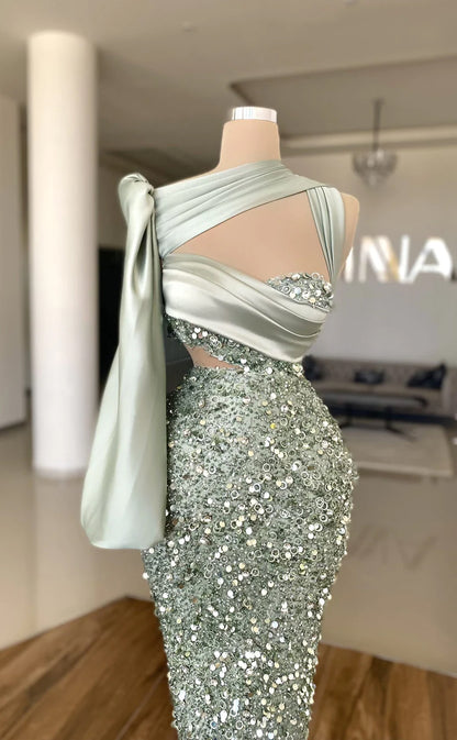 RP651-Eleagnt Mint Mermaid  One Shoulder Beads Sequins One Long Sleeve Floor Length Prom Evening Dresses Formal Party Gowns