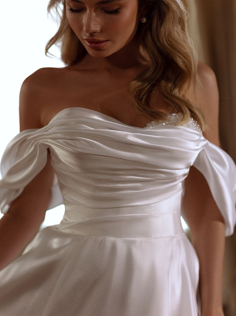 Modern & Elegant A-Line Wedding Dresses Sweetheart Beads Pleated Cap Sleeves Satin Sweep Train Bridal Gowns With Slit