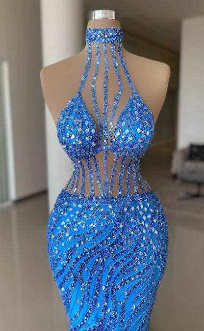 RP650-Sparkling Sky Blue Mermaid High Neck Sequins Crystals Sleeveless Floor Length Prom Evening Dresses Formal Party Gowns