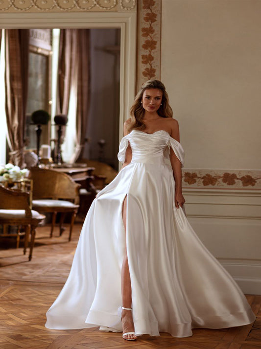 Modern & Elegant A-Line Wedding Dresses Sweetheart Beads Pleated Cap Sleeves Satin Sweep Train Bridal Gowns With Slit