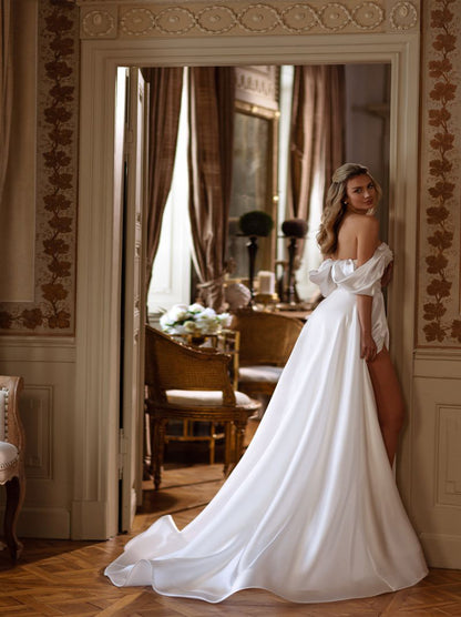 Modern & Elegant A-Line Wedding Dresses Sweetheart Beads Pleated Cap Sleeves Satin Sweep Train Bridal Gowns With Slit