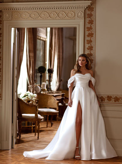 Modern & Elegant A-Line Wedding Dresses Sweetheart Beads Pleated Cap Sleeves Satin Sweep Train Bridal Gowns With Slit