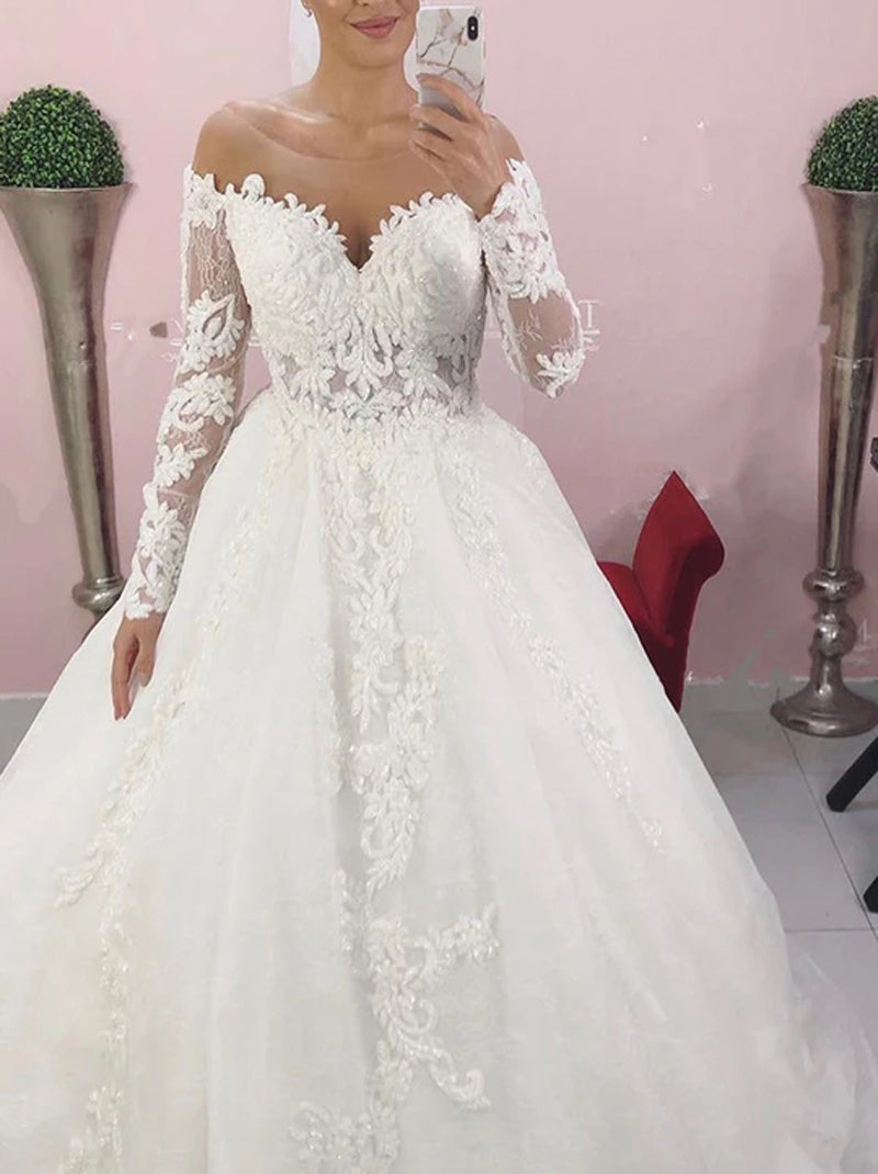 Charming Ball Gown Wedding Dresses Illusion Scoop Appliqued Beads Long Sleeves Covered Buttons Court Train Tulle Bridal Gowns Custom Made