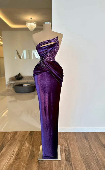 RP647-Gorgeous Purple Mermaid Strapless Crystals Sequins RuchedSleeveless Velvet Long Prom Evening Dresses Formal Party Gowns