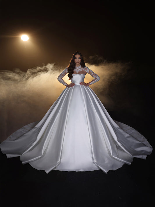 Luxurious & Charming Ball Gown Boho Wedding Dresses High Collar Appliqued Beads Long Sleeves Satin Court Train Bridal Gowns