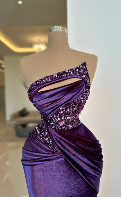 RP647-Gorgeous Purple Mermaid Strapless Crystals Sequins RuchedSleeveless Velvet Long Prom Evening Dresses Formal Party Gowns