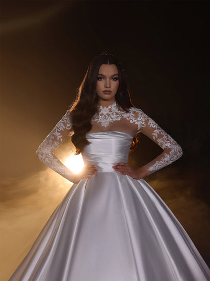 Luxurious & Charming Ball Gown Boho Wedding Dresses High Collar Appliqued Beads Long Sleeves Satin Court Train Bridal Gowns