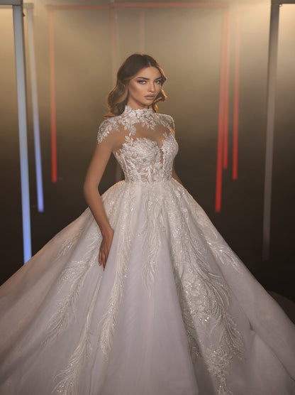 Luxurious & Charming Ball Gown Boho Wedding Dresses High Collar Appliqued Beads Cap Sleeves Satin Court Train Bridal Gowns