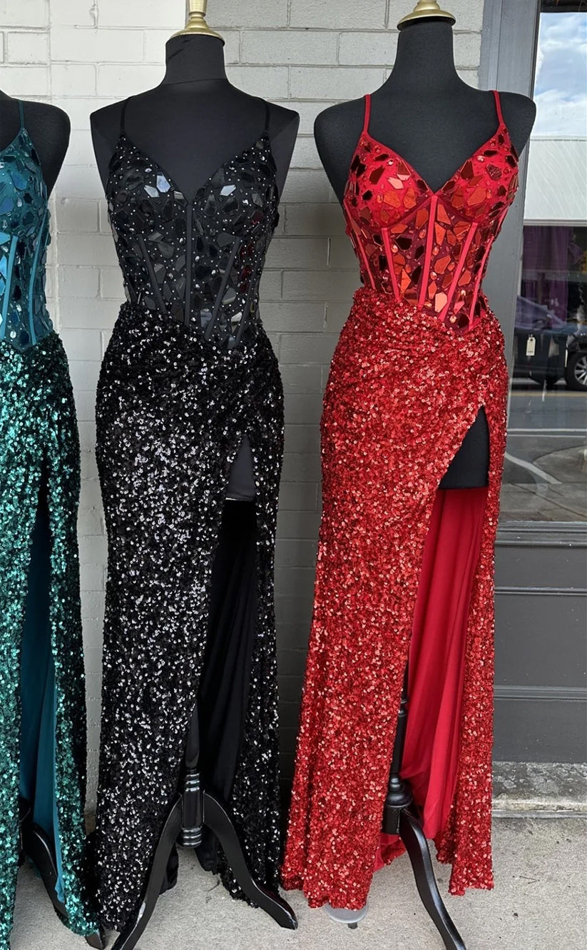 RP133-Sparkling Mermaid Spaghetti Sequins Sleeveless Sequins Mirrors Long Prom Evening Formal Party Gowns With Slit