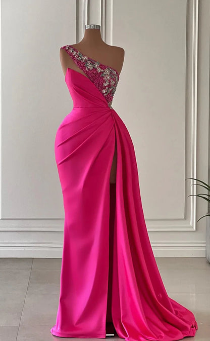 RP382-Gorgeous Hot Pink Mermaid One Shoulder Beads Appliqued Long Prom Evening Dresses Formal Party Gowns With Slit