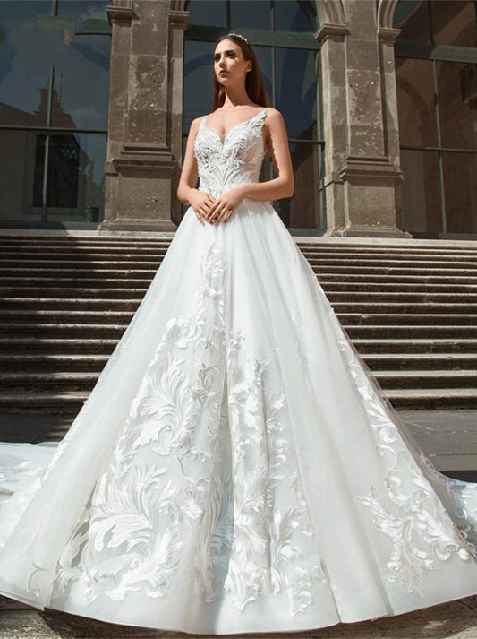 Modern A-Line Wedding Dresses V-Neck Appliques Backless Sleeveless Organza Court Train Bridal Gowns Custom Design