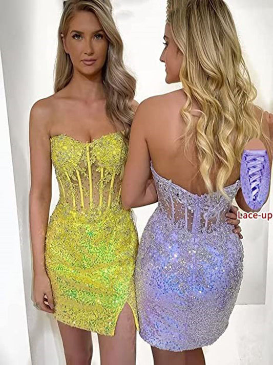 Modern Sweetheart Short Sheath Sweetheart Sequins Illusion Candy Colors Lace up Homecoming Graduation Dresses For Women For Party Cocktail Gowns