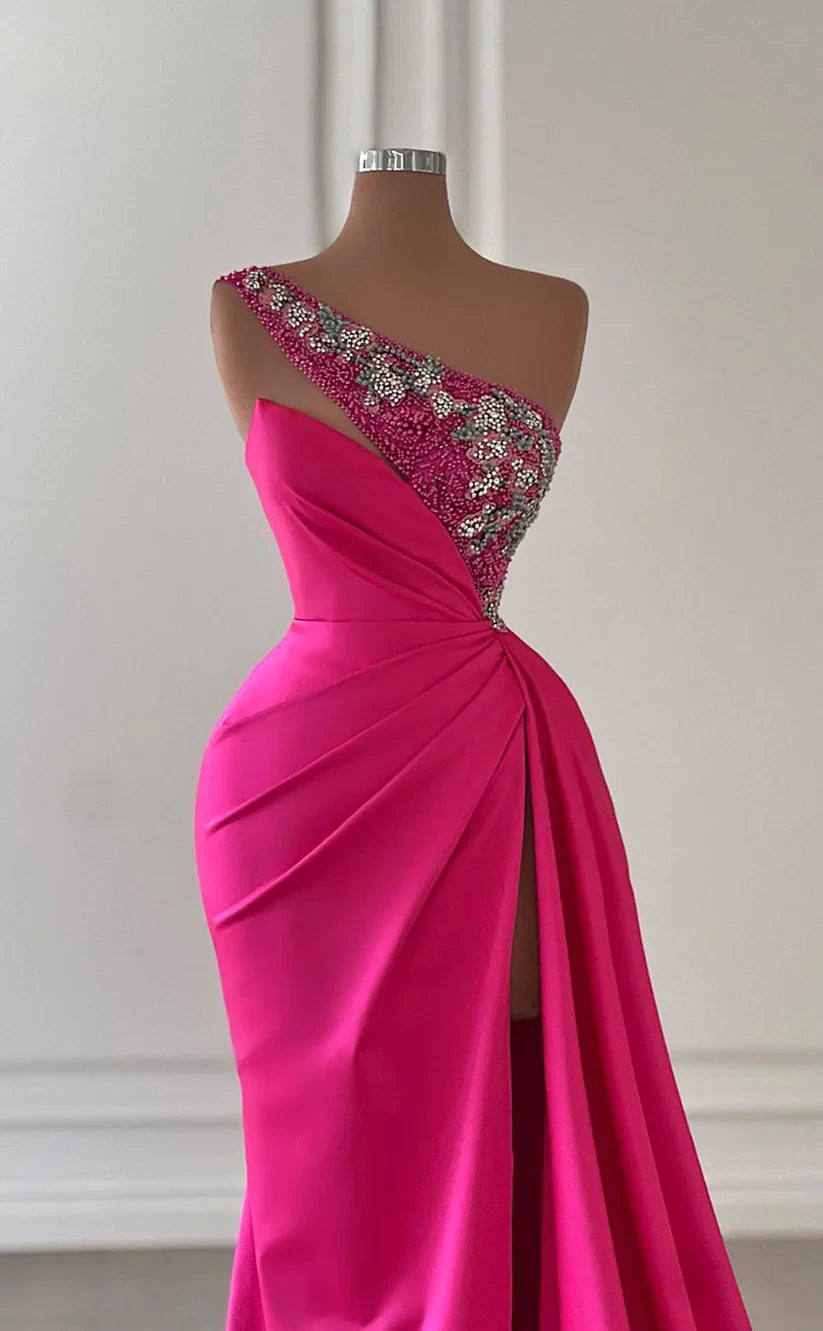 RP382-Gorgeous Hot Pink Mermaid One Shoulder Beads Appliqued Long Prom Evening Dresses Formal Party Gowns With Slit