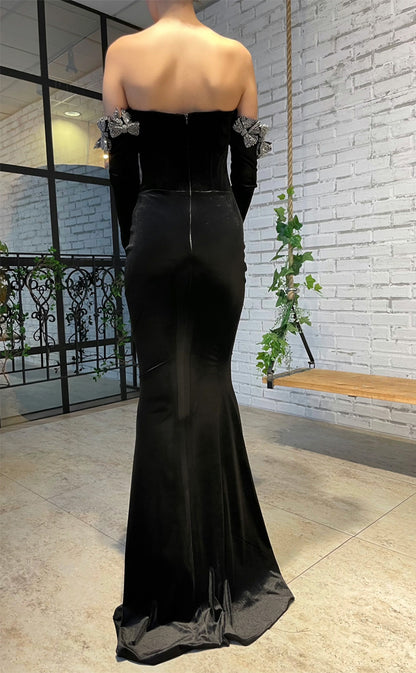 RP182-Black Trumpet Off-the-Shoulder Long Sleeves Long Prom Evening Dresses Formal Party Gowns