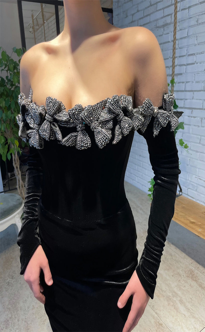 RP182-Black Trumpet Off-the-Shoulder Long Sleeves Long Prom Evening Dresses Formal Party Gowns