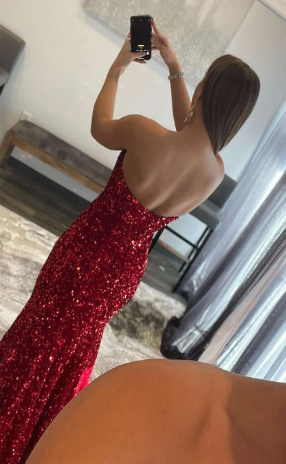 RP058-Sprakling Mermaid Strapless Sleeveless Side Split Sequins Long Prom Evening Dresses Formal Party Gowns