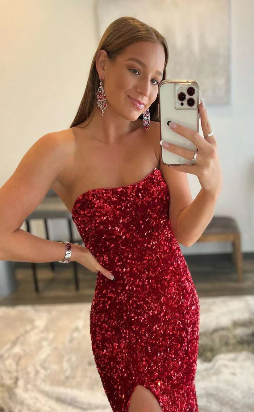 RP058-Sprakling Mermaid Strapless Sleeveless Side Split Sequins Long Prom Evening Dresses Formal Party Gowns