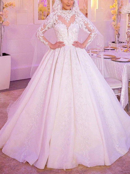 Romantic Ball Gown Wedding Dresses High Collar Long Sleeves Beads Appliqued Covered Buttons Satin Sweep Train Bridal Gowns Custom Made