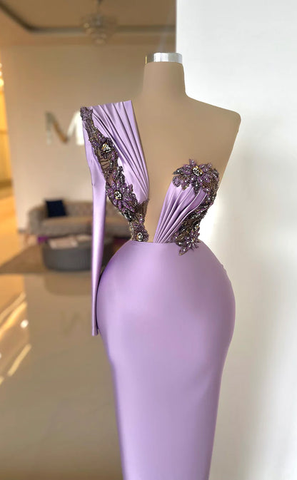 RP644-Eleagnt Mermaid Lavender One Shoulder Beads Appliqued Ruched One Long Sleeve Floor Length Prom Evening Dresses Formal Party Gowns