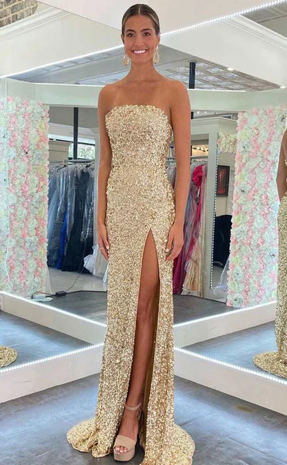 RP134-Sparkling Mermaid Strapless Sequins Sleeveless Long Prom Evening Formal Party Gowns With Slit