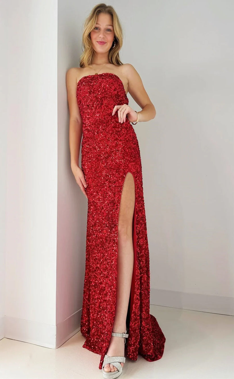 RP134-Sparkling Mermaid Strapless Sequins Sleeveless Long Prom Evening Formal Party Gowns With Slit
