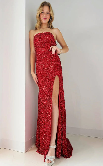 RP134-Sparkling Mermaid Strapless Sequins Sleeveless Long Prom Evening Formal Party Gowns With Slit