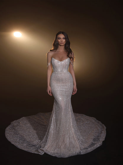 Luxurious & Sparkling Mermaid Wedding Dresses Sweetheart Sequins Beads Tulle Sweep Train Bridal Gowns With Detachable Puffy Sleeves