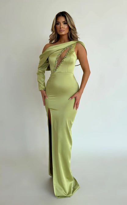 RP654-Eleagnt Mint Mermaid One Shoulder Beads One Long Sleeve Floor Length Prom Evening Dresses Formal Party Gowns With Slit