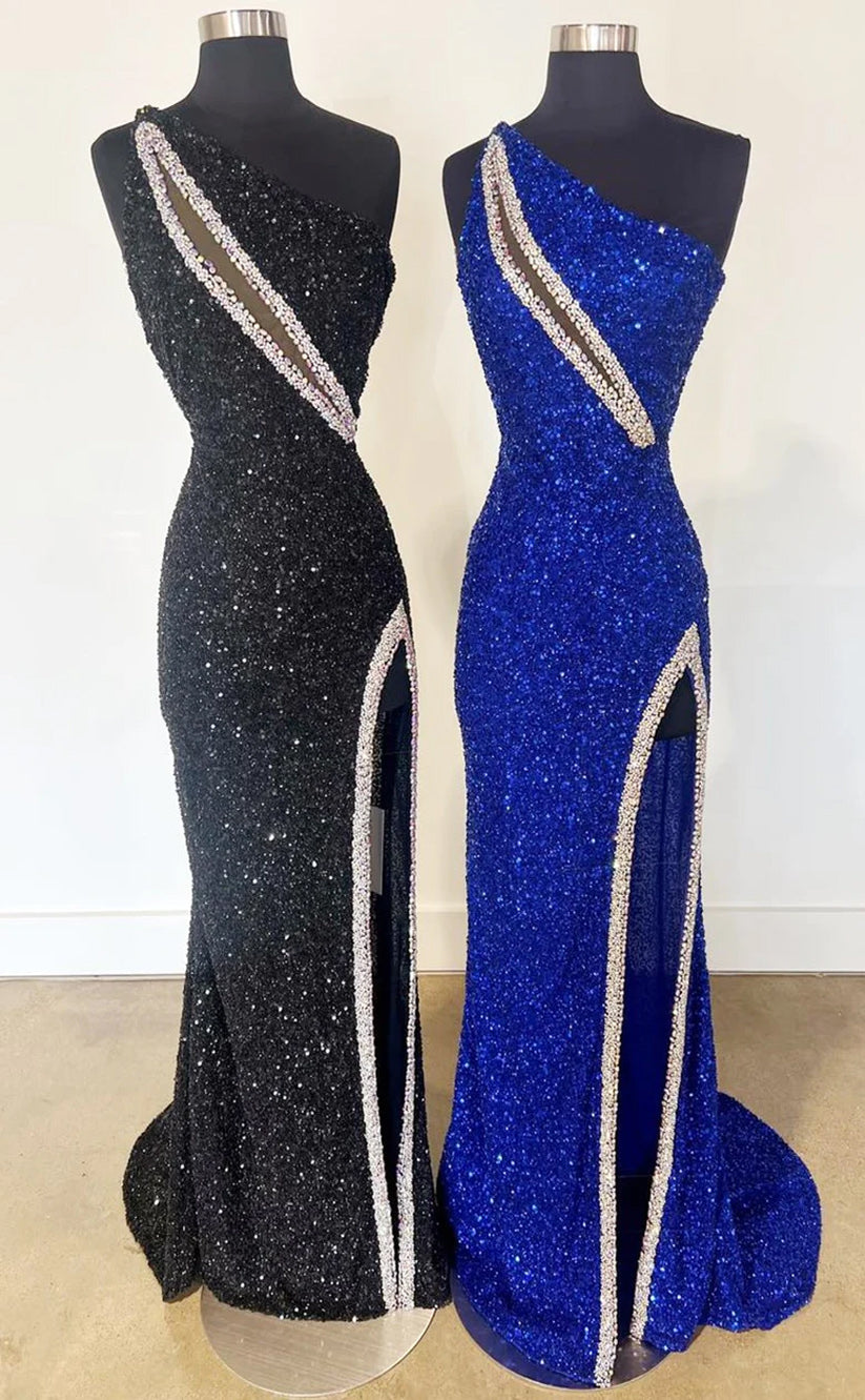 RP135-Sparkling Mermaid One Shoulder Sequins Sleeveless Long Prom Evening Formal Party Gowns With Slit