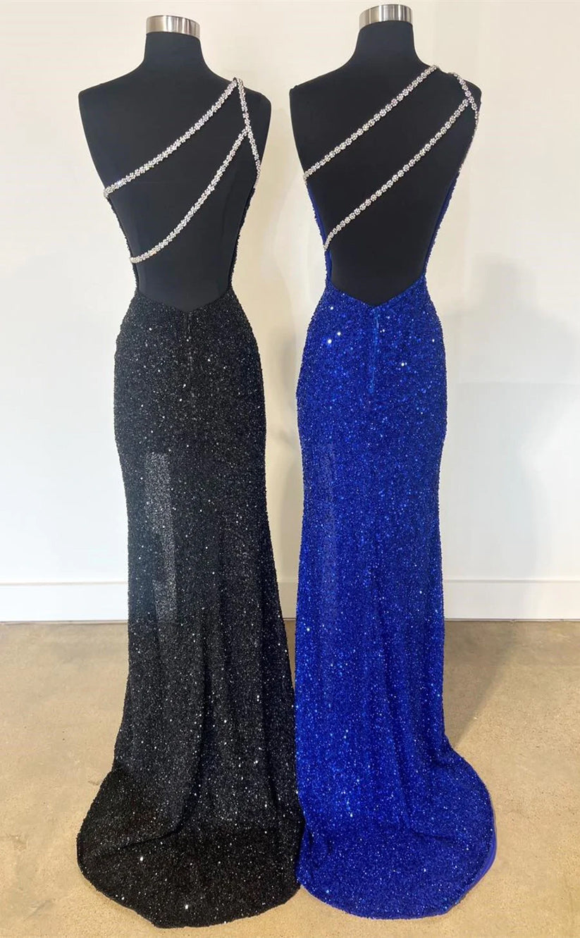 RP135-Sparkling Mermaid One Shoulder Sequins Sleeveless Long Prom Evening Formal Party Gowns With Slit