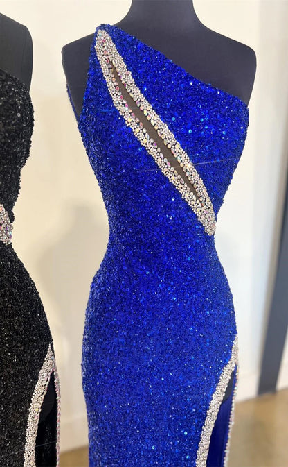 RP135-Sparkling Mermaid One Shoulder Sequins Sleeveless Long Prom Evening Formal Party Gowns With Slit