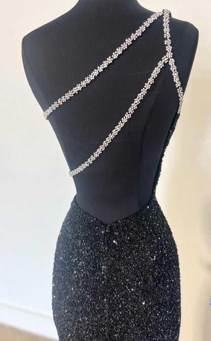 RP135-Sparkling Mermaid One Shoulder Sequins Sleeveless Long Prom Evening Formal Party Gowns With Slit