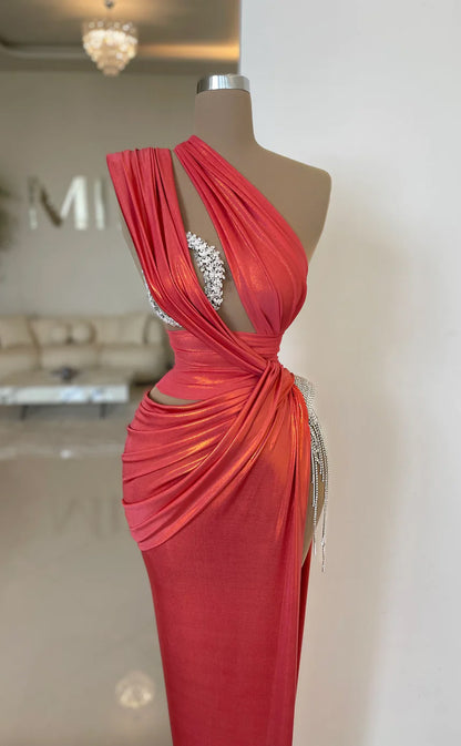 RP655-Eleagnt Coral Mermaid One Shoulder Beads Tassel Sleeveless Floor Length Prom Evening Dresses Formal Party Gowns With Slit