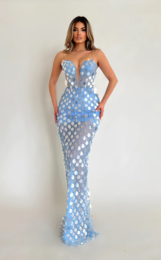 RP657-Luxurious Sky Blue Mermaid Spaghetti Beads Sequins Sleeveless Floor Length Prom Evening Dresses Formal Party Gowns With Slit