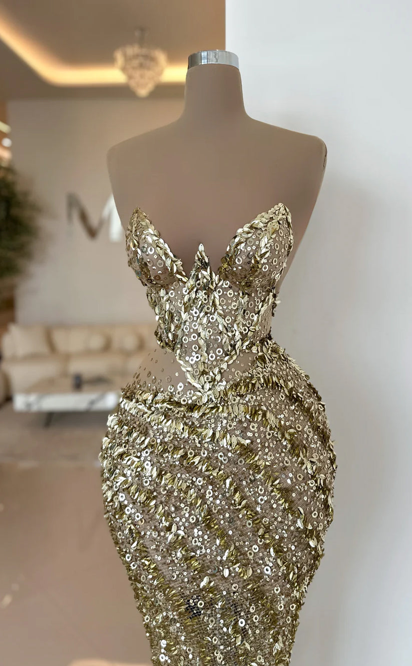 RP658-Sparkling Champaghe Mermaid Sweetheart Sequins Sleeveless Long Prom Evening Dresses Formal Party Gowns