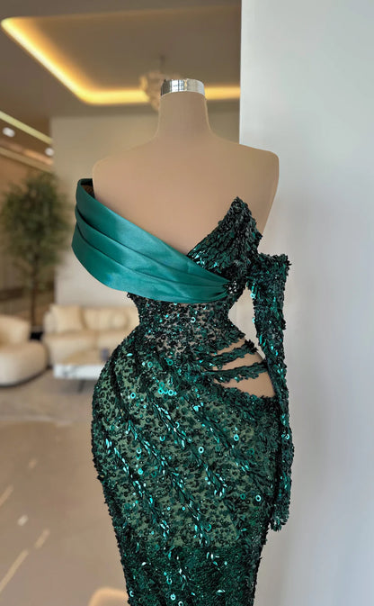 RP659-Sparkling Green Mermaid Sweetheart Sequins Cap Sleeves Long Prom Evening Dresses Formal Party Gowns