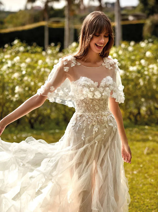 Classic A-Line Beach Wedding Dresses Sweetheart Appliqued Beads Tulle Sweep Train Bridal Gowns With A Jacket