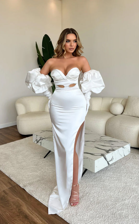 RP660-Elegant Mermaid Sweetheart Ruched Puffy Long Sleeves Long Prom Evening Dresses Formal Party Gowns With Slit