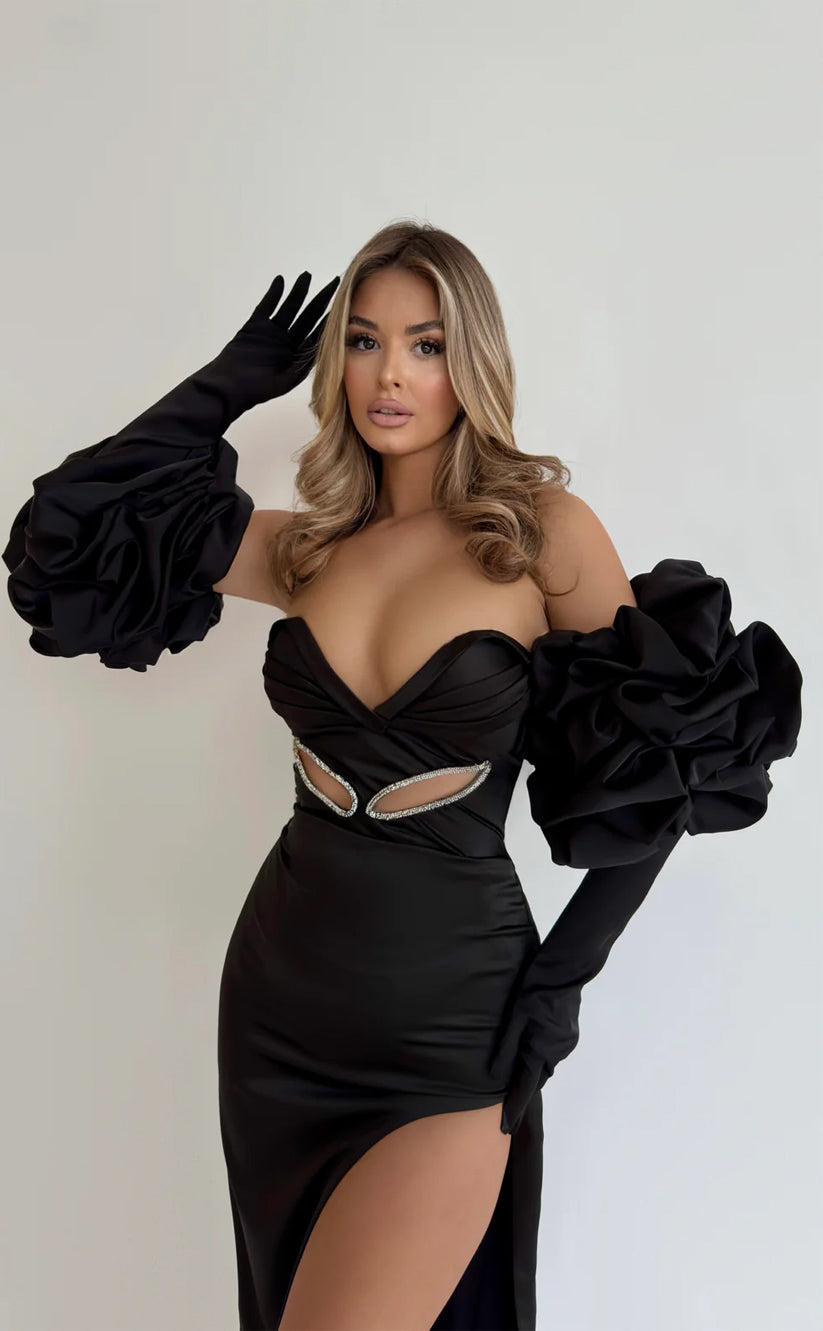 RP660-Elegant Mermaid Sweetheart Ruched Puffy Long Sleeves Long Prom Evening Dresses Formal Party Gowns With Slit